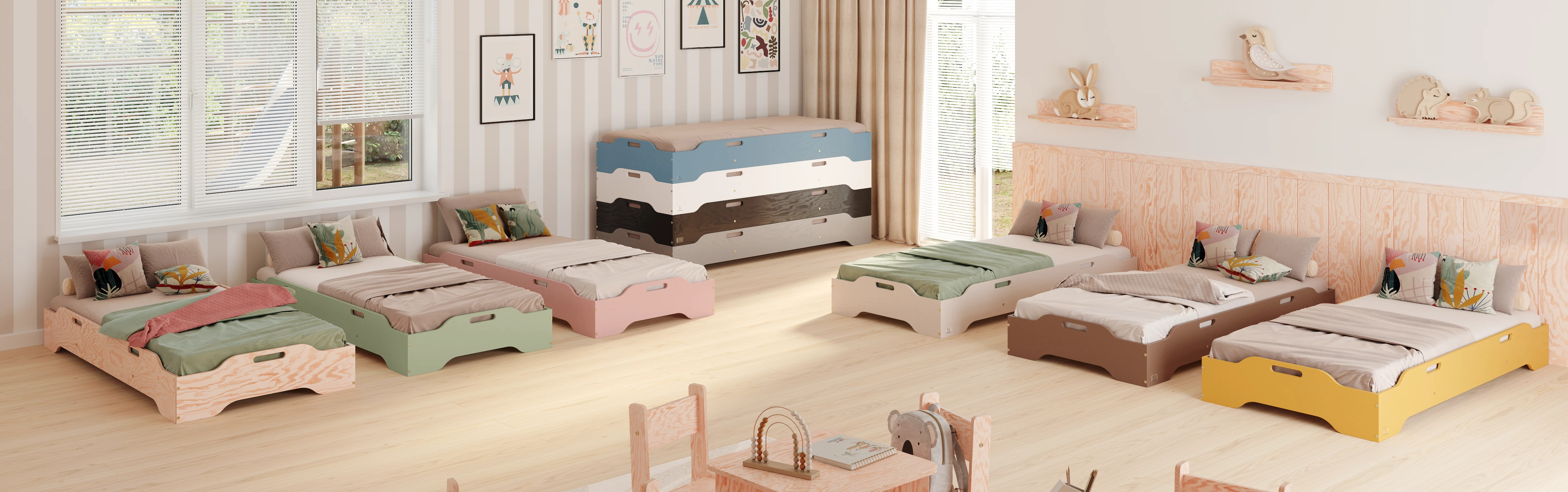 Drewniane łóżka nakładane TILA 8 wykonane ze sklejki sosnowej w różnych kolorach